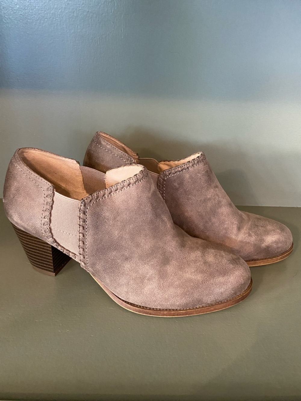 Life Stride Joelle Taupe Suede Low Block Heel Ankle Booties